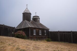 Fort Ross wooden chapel on an overcast day